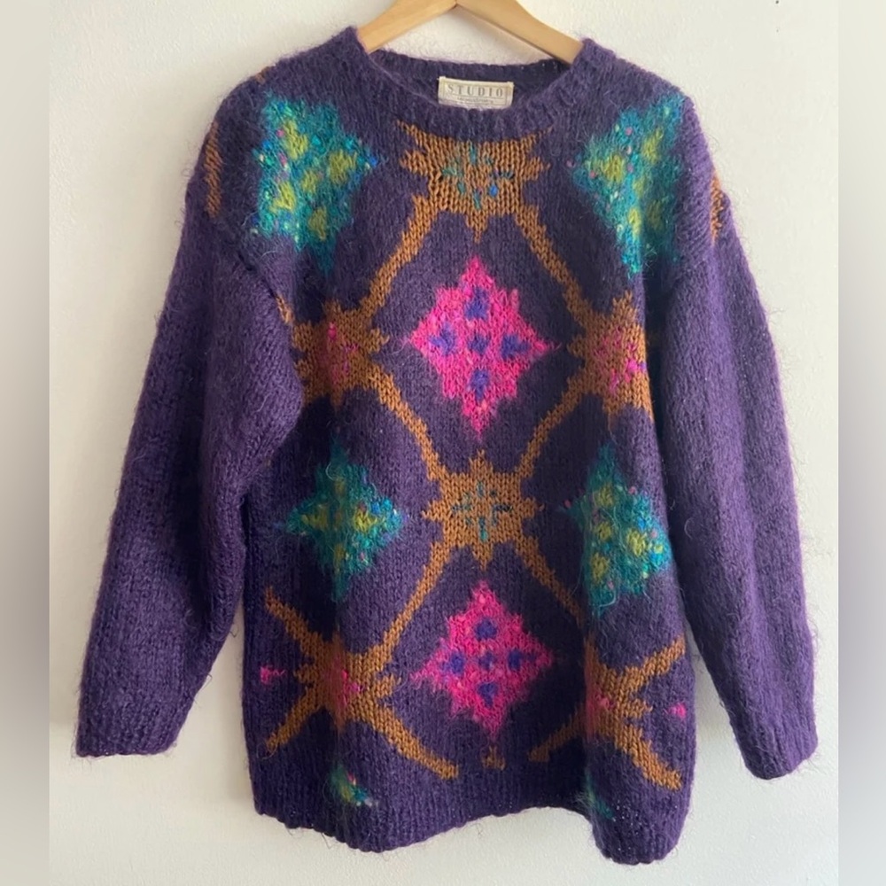 Vintage 1990s Abstract Themed Mohair Wool Sweater by Studio Michelle Stuart Med